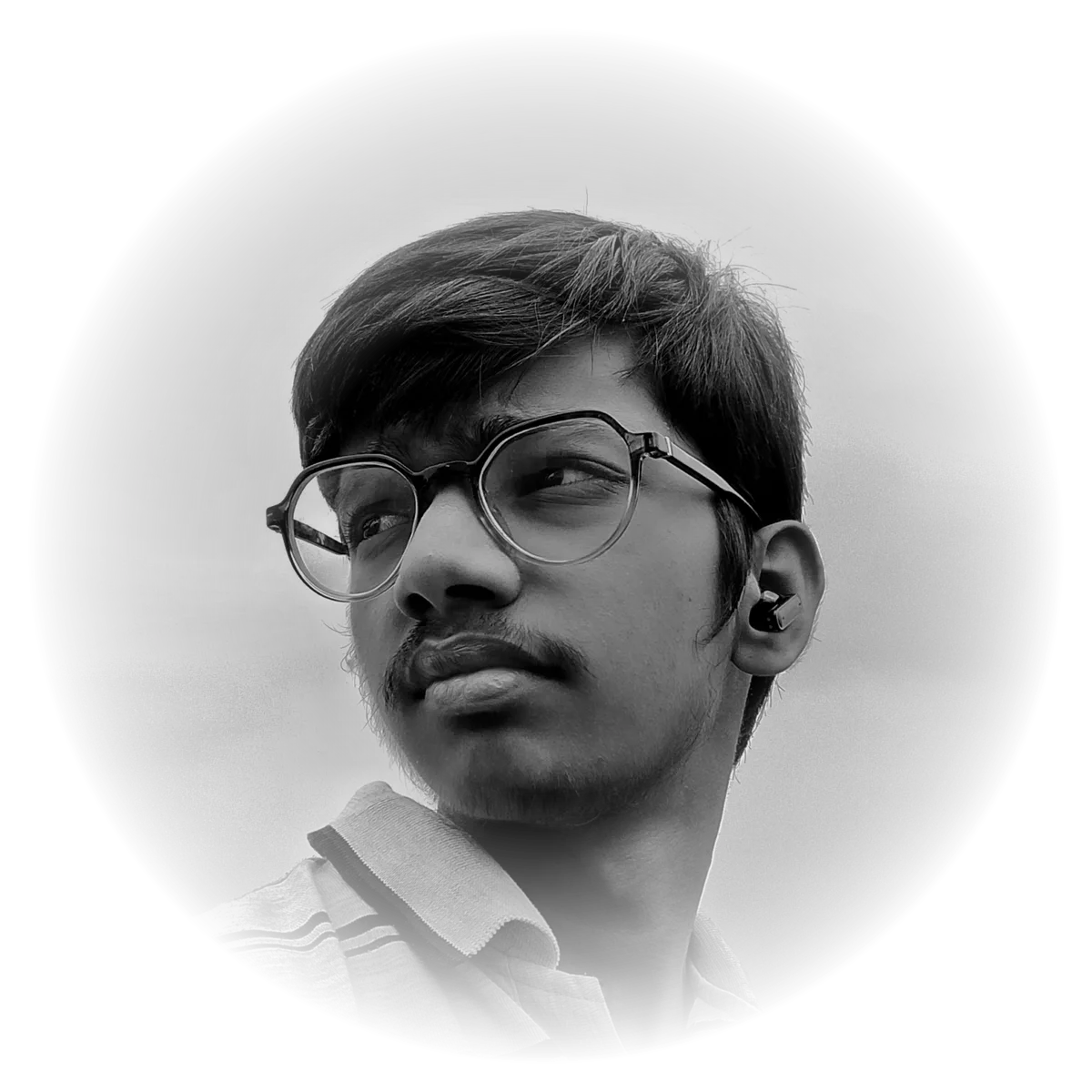 Black and white portrait of Shaurya Singh, looking off to the side